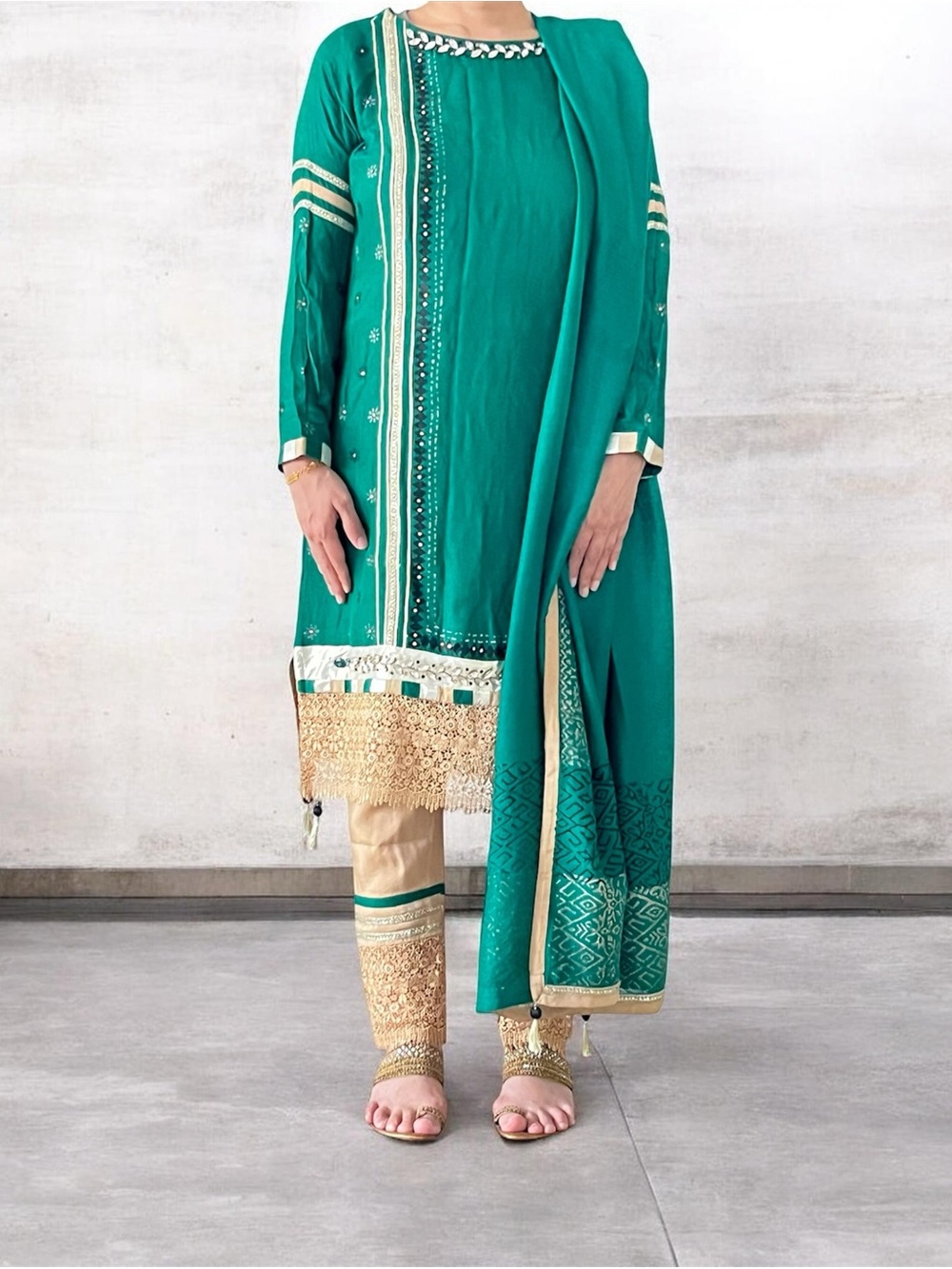 3 piece emerald Green  Embroidered Dress with Lace Trim